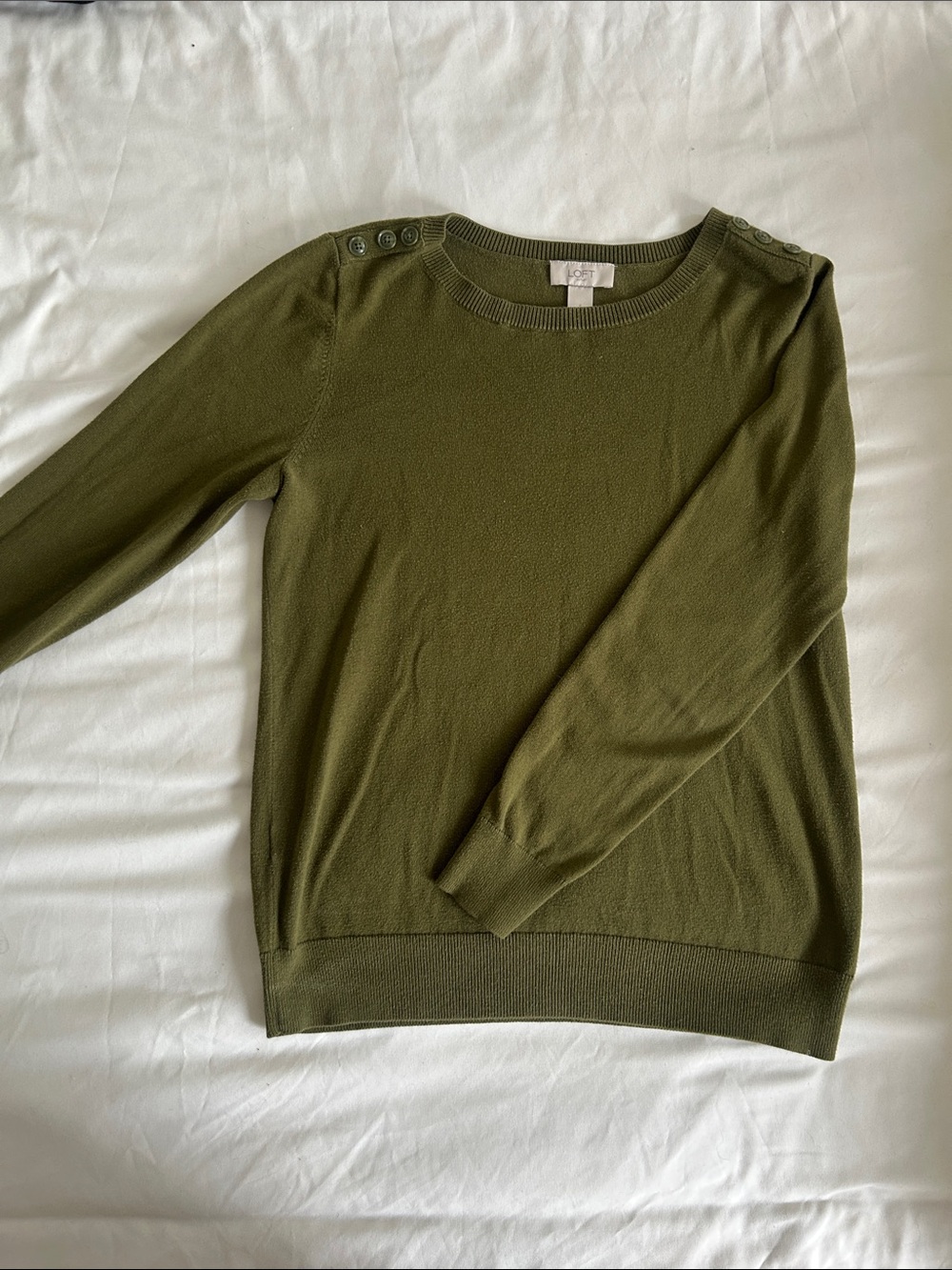 LOFT Olive Green Crewneck Knit Top with Button Detail